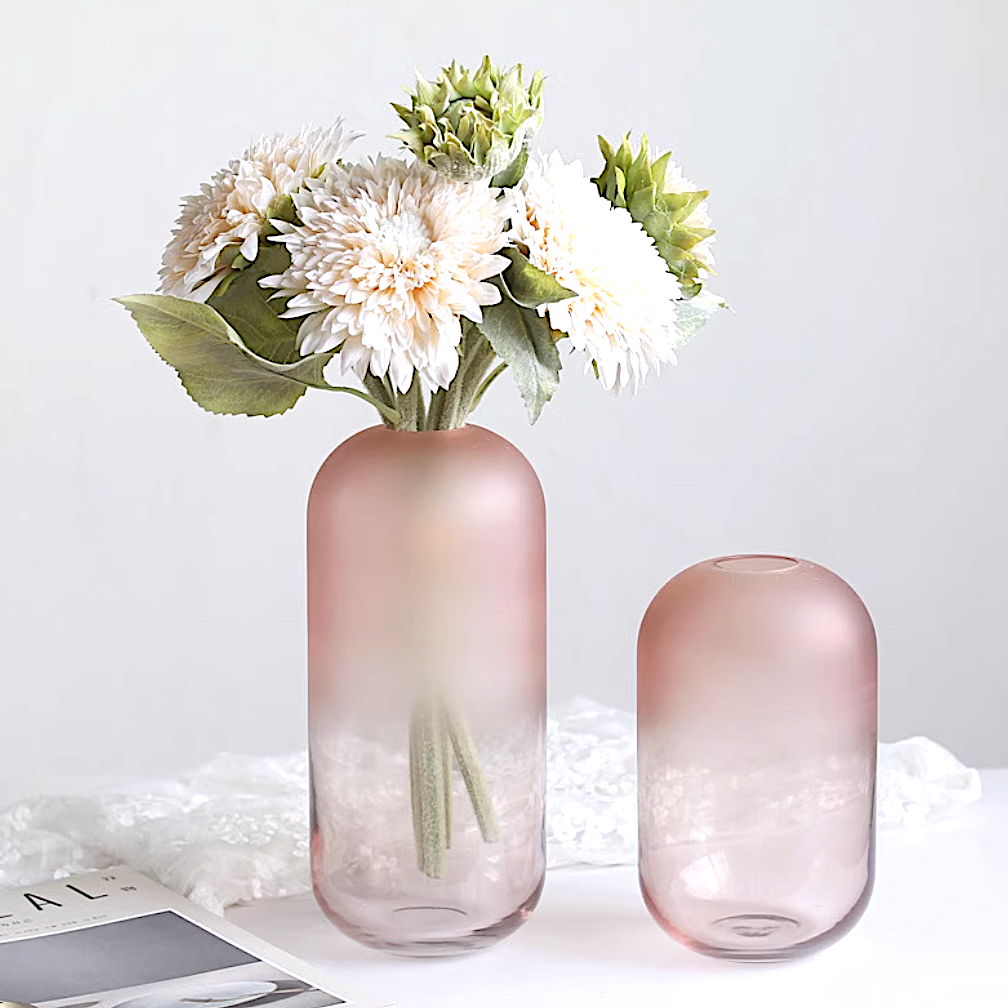 ピンクグラデーション フロストガラス 花瓶 フラワーベース ピンクカプセルのハーフフロストベース – acacia